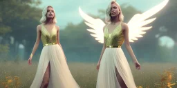 subtle queen, atmospheric, realistic, unreal engine, cinematic lighting, octane render, transparent long dress, blonde, full body, bright wings, smile, long hair