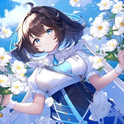 Clear focus,High resolution, Black short fluffy hair, and blue eyes, wearing a light blue short skirt with a white flower pattern near the bottom, Wearing light yellow cut sleeves that have white long flaps under it with a flower pattern near the end, wearing a white collar