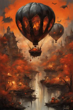 Nighttime Halloween fantasy world; surreal hot air balloon pumpkin themes, bonfire bacchanalia, by Stanley Mouse, by Gerald Scarfe, by Jeremy Mann, hypesurrreal; deep vibrant rich orange, black, and red color scheme; ultra intricate complex detail, sinister whimsey.