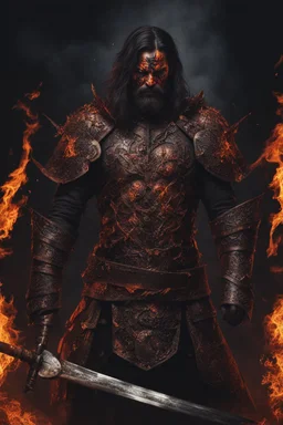 an insane warrior with his chest made of burning faces. dark horror setting.