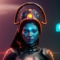 Maori cyber woman, sci-fi, rounded face, black, gold, brown, samurai helmet, retro, simetric, circuits, neon style, a lot of led lights, fog, rain, leather, vibrant color, highly detailed, art stations, concept art, smooth, unreal engine 5, god rays, ray tracing, RTX, lumen lighting, ultra detail, volumetric lighting, 3d, finely drawn, high definition, high resolution.