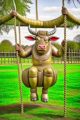 senile bull with viking helmet on a swing