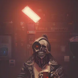 a cyberpunk hacker pirate captain skeleton holding a beer with a pirate hat sitting in front of a huge old crt monitor in a dark room , only light coming from crt monitor, highly detailed, intricate, digital art, trending on artstation, trending on cgsociety, by greg rutkowski