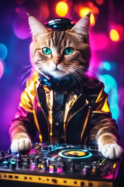 Photography Humanoid cat as dj player smusical self expression play dj in disco club