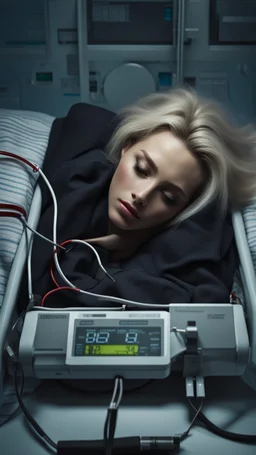 photorealistic hyperdetailed very small young woman with dirty blonde hair lying asleep on a hospital large bed with a heart monitor and iv lines attached fantasy