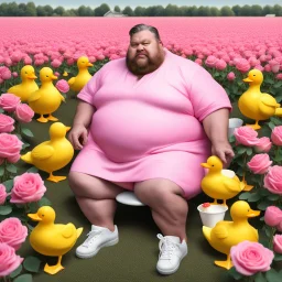 A fat, furry man wearing a Balenciaga dress is sitting in a field of pink roses next to yellow plastic ducks and eating ice cream.