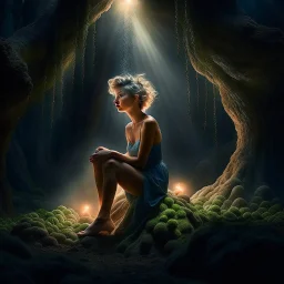 pixie in underground grove sparkling ligh dust, in the style of dali, 8k, down-light, soft light, depth of field, photo realism, trending on art station, high detail, smoke and fog