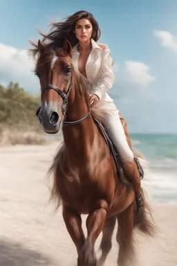 Social media influencer. Hyper realistic. Brunette. Brown eyes. Exotic. Athletic. Glamorous. Riding horse on the beach.