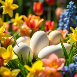A hyperrealistic 8K photograph, 16:9 aspect ratio, cinematic lighting with shallow depth of field, from a slightly elevated close-up perspective. The focal point: a meticulously arranged cluster of Easter eggs nestled amongst vibrant spring blossoms – daffodils in sunshine yellow, tulips in ruby red and blush pink, and hyacinths in azure and emerald. Eggs boast flawlessly smooth, glossy surfaces reflecting soft, diffused sunlight filtering through a sun-drenched garden. Each egg displays intri