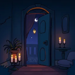 Cartoon whimsical fantasy nighttime apartment door lit by candles