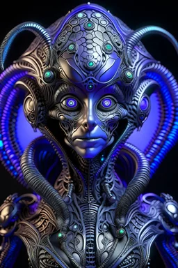 A beautiful alien with big eyes and small nose and mouth wearing a bioluminescense purple zafír biomechanical silver metallic diadem headress, wearing biomechanical amalgamation style leather jacket dress ribbed with silver floral metallic filigree biomechanical vantablack pattern, organic bio spinal ribbed detail of gothic winter backround extremely detailed maximalist hyperrealistic portrait art