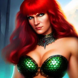 ultra detailed fullbody portrait of Red Sonja, wearing skintight Black costume, extremely detailed digital painting, intrincate, extremely detailed smiling face,crystal clear Big Green eyes, in the style of Adam Hughes , mystical colors , perfectly centered image, perfect composition, rim light, beautiful lighting,8k, stunning scene, raytracing