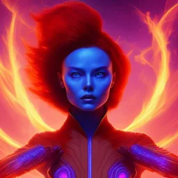 Dark Phoenix, X-Men , Jean Gray. hyperfantastic,hyperscifi,unreal engine.best colours,deep purple . fire theme .blue neon smoke.cinamatic,full cinematic lights.beautiful body details,beautiful face details,8k,