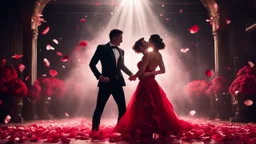 Hyper Realistic handsome muscular guy in black tuxedo & a beautiful girl in classy red gown dance in a wedding party with dramatic lightings & spotlight with rose-petals at dark night.