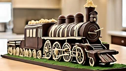 an elaborate layer cake alternating layers of white chocolate and dark chocolate icing topped with a locomotive sculpture made of chocolate