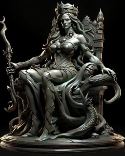 full-length, detailed persona, sword in hand, gorgon medusa, sitting on a throne in a relaxed pose