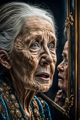 a young girl looking herself in the mirror, and shock on her face, an old woman face reflecting in the mirror, hyper realistic, ultra detailed, stunning intricate details, HDR, beautifully shot, hyperrealistic, sharp focus, 64 megapixels, perfect composition, high contrast, cinematic, atmospheric, moody Professional photography, bokeh, natural lighting, canon lens, shot on dslr 64 megapixels sharp focus