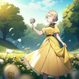 anime girl holding on to a dried dandelion flower and blowing the dried seeds into the air as the wind carries them away. outdoors scene.anime girl standing in a meadow of flowers. thw wind is blowing flower pedals into the wind. girl wearing yellow dress. more emphasis on seeds floating in the air