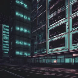 straight orthographic view of the flat side of a cyberpunk office building at night photographic