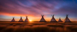 Prairie landscape, magic hour lighting, 3 teepees, historically authentic