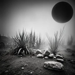 A striking quality Kodak photograph captures a wasteland with oddities and group of plants, creepy, details of the dust very accentuated, Yves Tanguy, Ernst Haekel, glossy organic mass, adorned with minerals and rocks. Bathed in intense light, eerie, Max Ernst style, black sun, fog