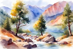 Sunny day, trees, river, mountains, rocks, watercolor paintings
