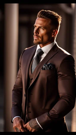 portrait of a 35 year old Handsome, rugged and muscular male leader with lightly tanned skin and tattoos. light brown hair and a goatee beard. wearing an armani three piece suit. photorealistic