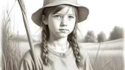 A pencil portrait of a rural girl wiht a hoe