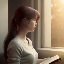 Study girl read a book in by the window, movie, real photo realistic, unreal engine, cinematic lighting --ar 1:1 creative