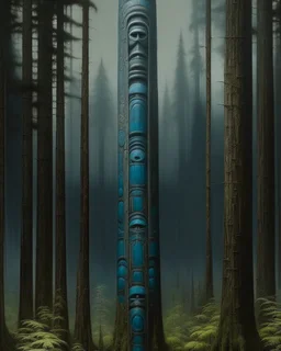 A dark grayish blue forest designed in Pacific Northwest totem poles painted by George Inness