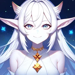 cosmic mage, elf, female, cosmic magic, long ears, white hair, face details, pale skin, jewellery, broad shoulders, sharp ears, star clothes, cosmic eyes, ears shown, the cosmos in eyes, shining eyes, thin face, detailed ears, magical eyes, closed mouth, make up, smiling face, happy face, pointy ears