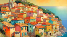 Image is a painting depicting a picturesque coastal village. The style is impressionistic, with soft brushstrokes and a pastel color palette. The layout features a cluster of colorful buildings stacked on a hillside, leading down to a calm, turquoise sea. The buildings are painted in shades of orange, yellow, pink, and white, with red-tiled roofs. A prominent church with a tall bell tower is situated near the top of the hill, adding a focal point to the scene. In the foreground, three small sail