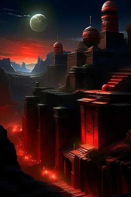 Distant view of an ancient walled city sitting in a canyon as viewed from the rim of the canyon, the city is lighted by torches placed along the walls with windows high upon the wall, One window has a scarlet cord draped out reaching the ground, the sky is dark and surrealistic with planets and moons on the horizon, the rim of the canyon has armored soldiers laying in wait while 2 spies work their way down to the outside of the city wall where the scarlet cord hangs from the window above a cross