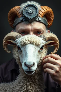 a portrait of a fat head mechanic sheepman, man is eating a hybrid mixed body part sheep, giant eyes sheep alien style H.R giger look