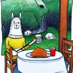 Cute llama is having breakfast. Ink and pencil, colours