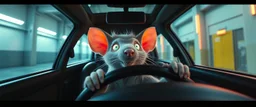 car driving happy 2d neon fluffy rat elf scumbag in the style of Escher and Giger and Fallout 4, pinhole cam, airbrush 3d rendering, on tv screen:A five-second cinematic single take in a clean industrial presentation hall.