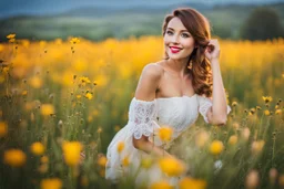 Young woman in flower field in the evening