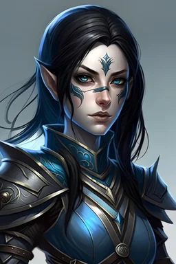 female elf knight with black hair, blue eyes and blue armor, eyepatch