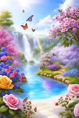 Trés belles roses, rainbows, beautiful colors gardens , flowers, cascades,Birds, butterfly