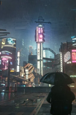 Cyberpunk district with giant foggy skyscarpers, cars, FoV: 100, HD, Unreal Engine 4, heavy rain, rainy streets reflection, neon signs, low contrast, grainy, less color, titanfall,