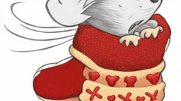 fantasy cartoon style illustration: red mitten with a little cute mouse peeking out