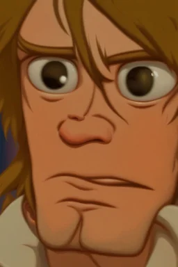 Redraw the cartoon character and fix the image resolution His hair is brown and long, but messy. His lips are closed, showing his bravery. His eyes are lined, showing his determination. He has shadows under his eyes, showing his stress and convert the drawing view 3D panel style digital Painting detailed with a panoramic scene Ultra-wide angle Highly realistic precise details Detailed