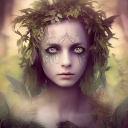 Portrait of beautiful girl, plant, metal, feathers, Dryad, fae, sidhe, ominous, nature, plants, wildflower, facepaint, dnd character portrait, intricate, oil on canvas, masterpiece, expert, insanely detailed, 4k resolution, retroanime style, cute big circular reflective eyes, cinematic smooth, intricate detail , soft smooth lighting, soft pastel colors, painted Renaissance style, 800mm lens