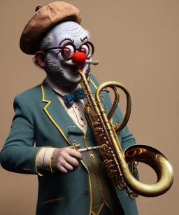 mechanoid old friendly fat clown with trimmed beard playing jazz with a steampunk theme, trumpet, realistic