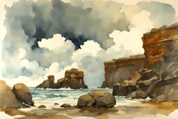 Clouds, rocks, cliffs, rocky land, sci-fi and fantasy, beyond and trascendent, 90's sci-fi movies influence, winslow homer watercolor paintings