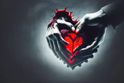 A black hand violently gripping a human heart inside an open human chest, squeezing all blood out of it, foggy, surreal