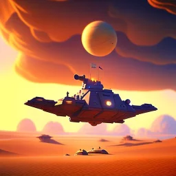 octane render volumetric desert environment, Ralph McQuarrie style painting of an armored hovercraft with cannon, floating in the air, highly detailed, minutiae, clouds, storm, renderman, duststorm at sunrise