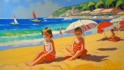 cote d'azur 2 childeren on hot beach painting neoclassism 60