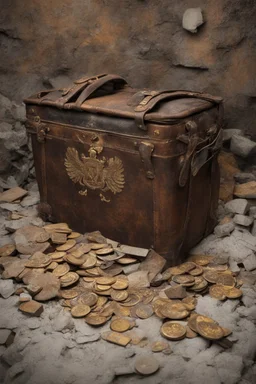 in the BASEMENT there is an old, broken brown oblong leather chest with short handles, from which gold coins from the time of Catherine the Great fall out. The ancient coat of arms of tsarist Russia, the double-headed eagle, is BARELY VISIBLE on the bag. There are a lot of broken bricks and earth around the bag. All in high quality 8K