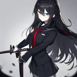 Clear focus, High resolution, long black fluffy hair, blue eyes, wearing a black sailor uniform, red tie, yandere, rough line sketch, dark aura, holding a katana, hair between eyes, 1girl, standing in grey sand